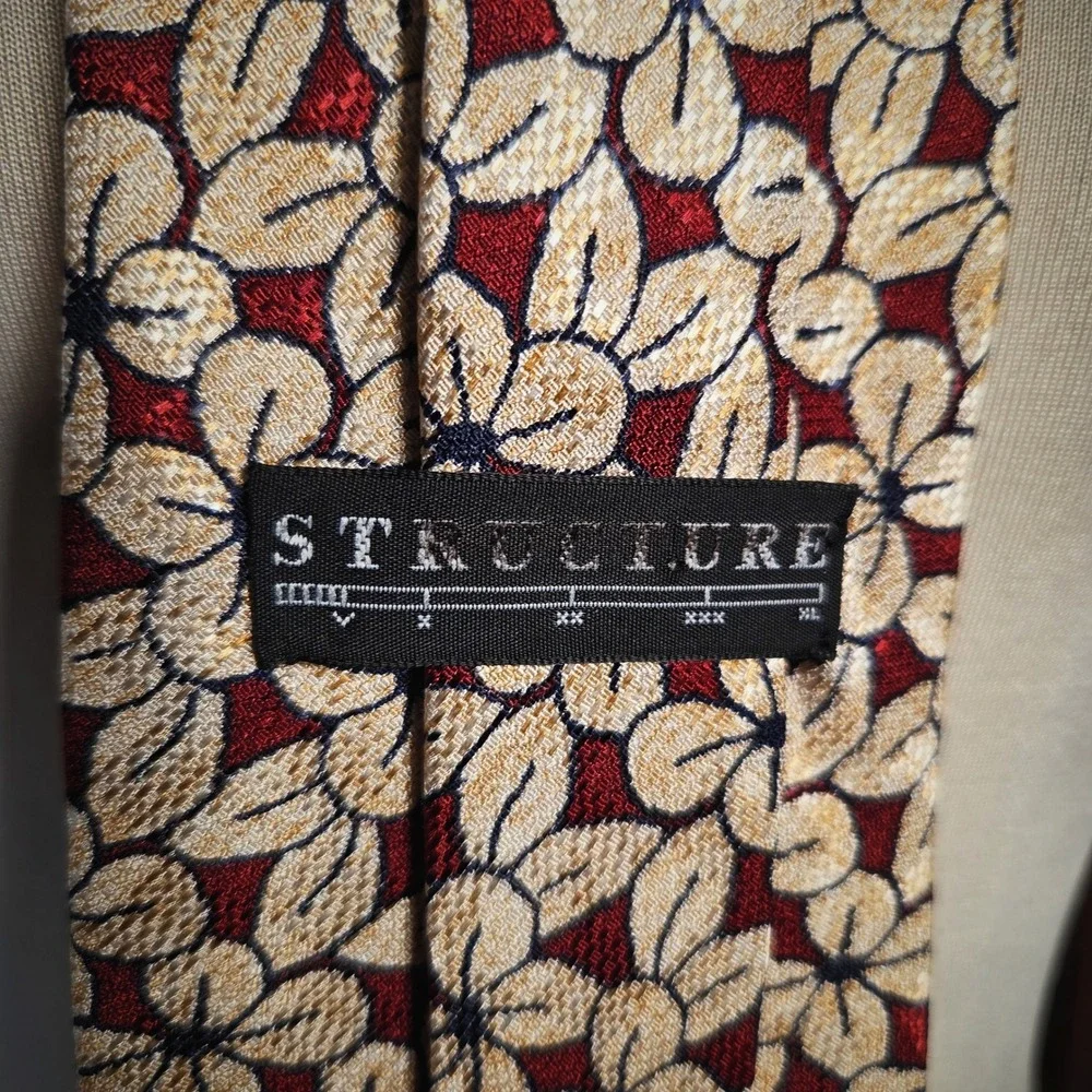 Structure Silk Tie Vintage 90s Mens Red Gold Floral Geometric Necktie USA Made